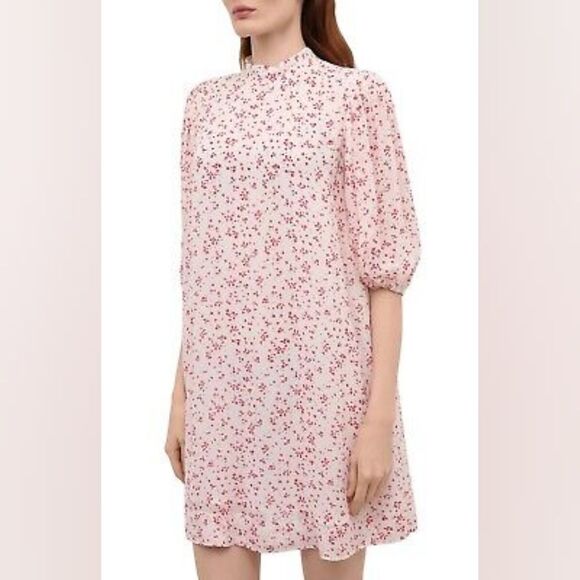 Ganni Floral Georgette Mini Egret High Neck Puff Sleeve Dress Size Medium - Picture 1 of 8